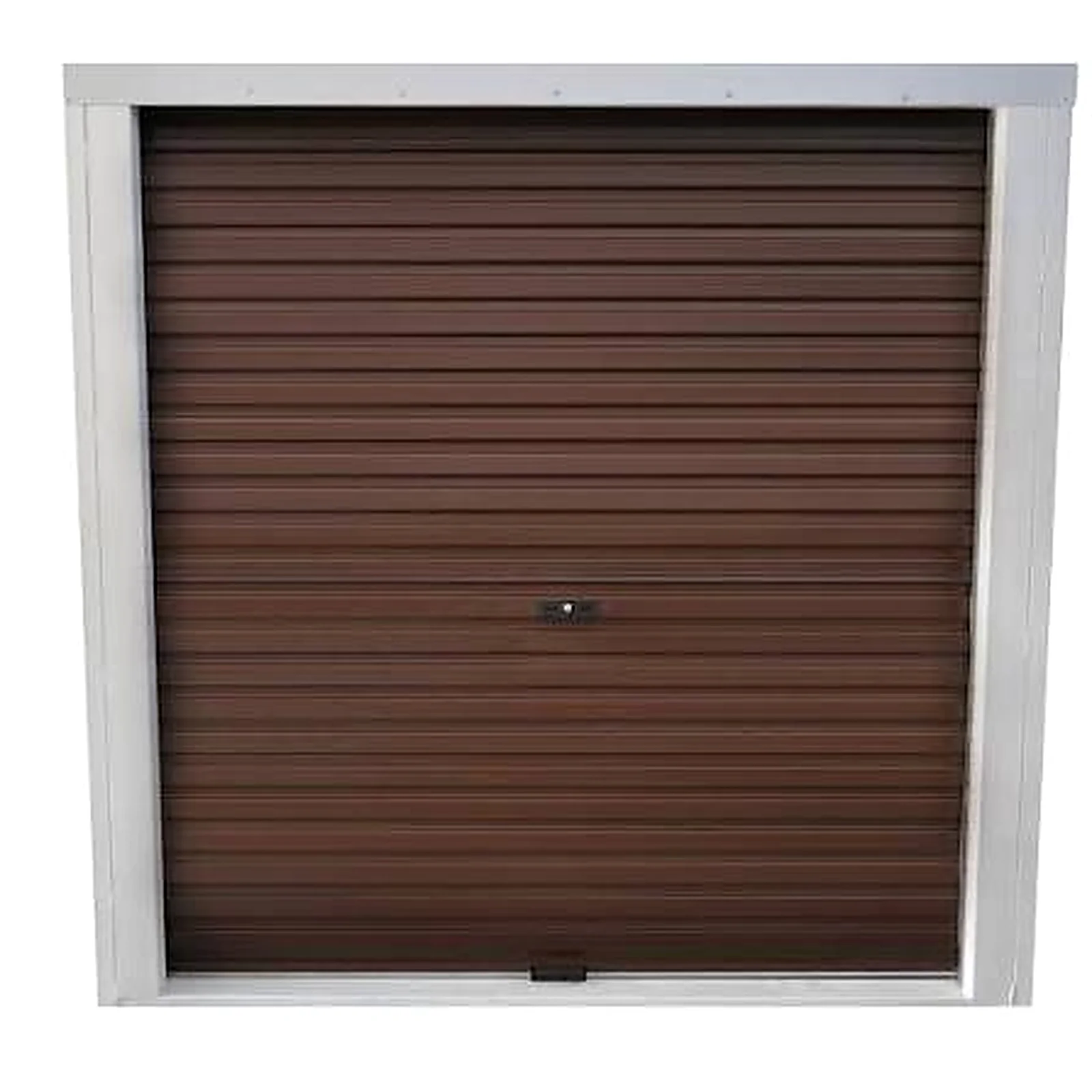 Brown roller garage door rolled down over a residential garage